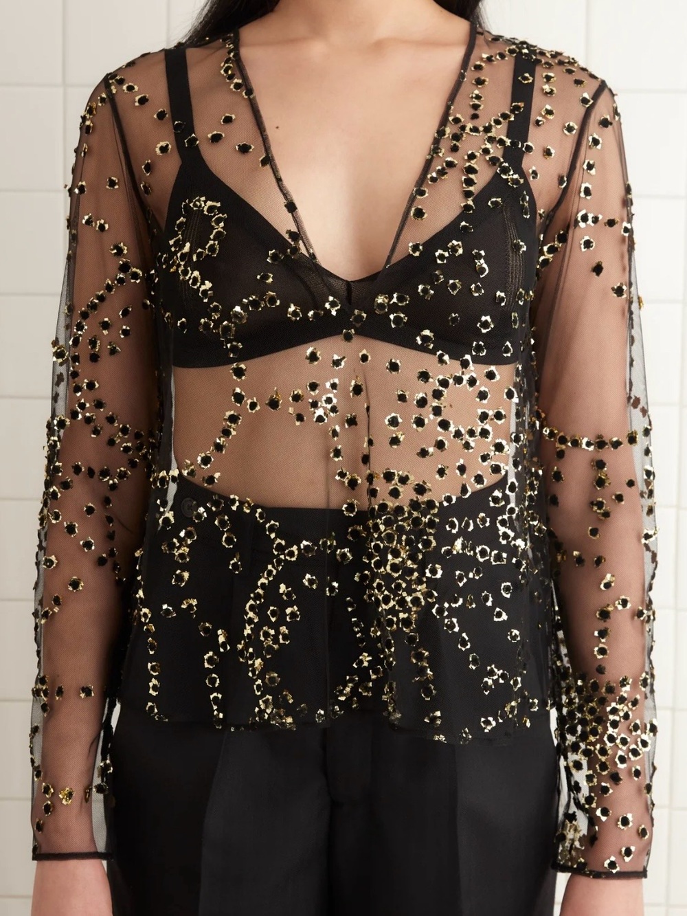 BODE Sheer Fête Top Mesh Gold Foil Appliqué Blouse Black Size 10